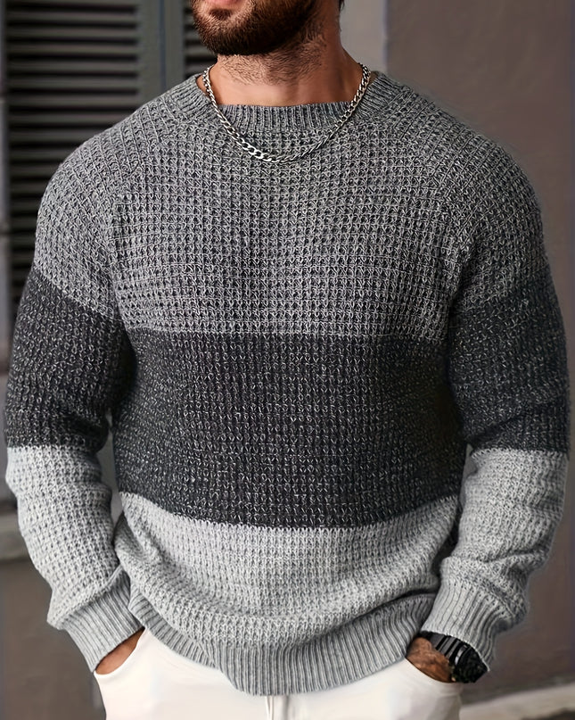 Men's Long-Sleeve Knitted Sweater - Casual Color Block Design