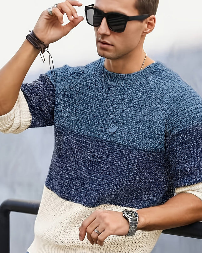 Men's Long-Sleeve Knitted Sweater - Casual Color Block Design