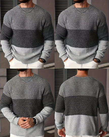 Men's Long-Sleeve Knitted Sweater - Casual Color Block Design