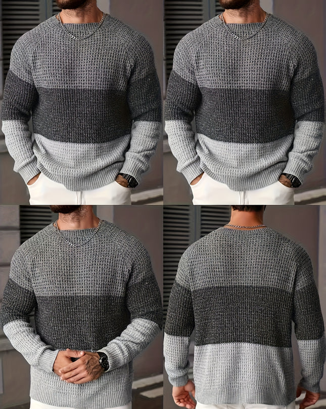 Men's Long-Sleeve Knitted Sweater - Casual Color Block Design