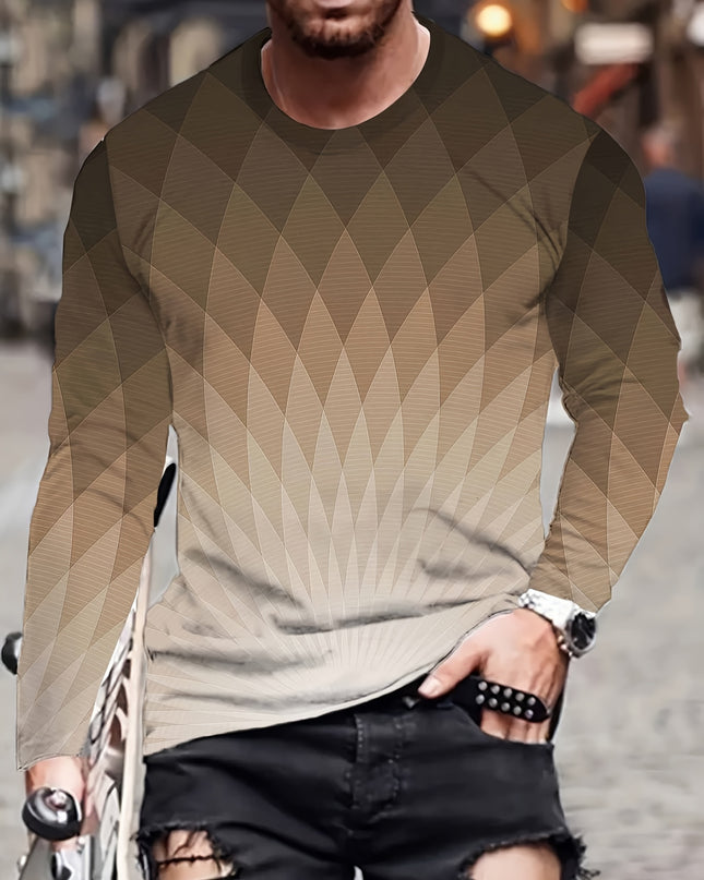 Men’s Long-Sleeved T-Shirt - Gradient Geometric Print, Casual Style