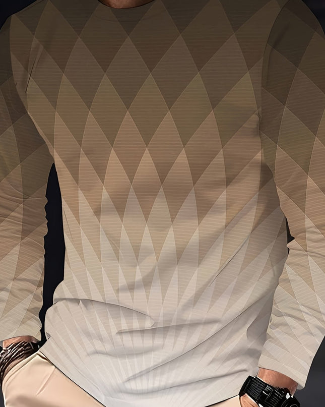 Men’s Long-Sleeved T-Shirt - Gradient Geometric Print, Casual Style