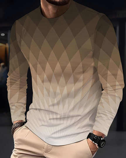 Men’s Long-Sleeved T-Shirt - Gradient Geometric Print, Casual Style