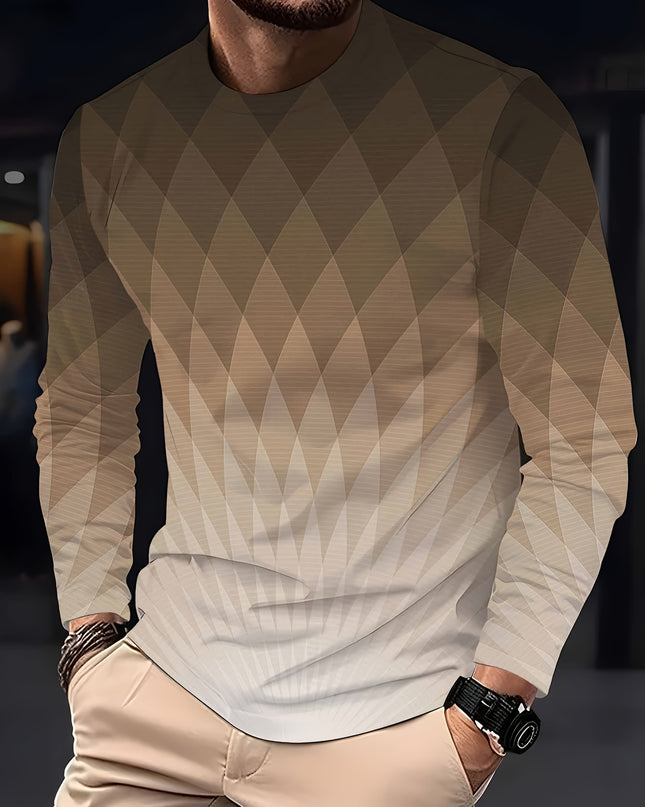 Men’s Long-Sleeved T-Shirt - Gradient Geometric Print, Casual Style