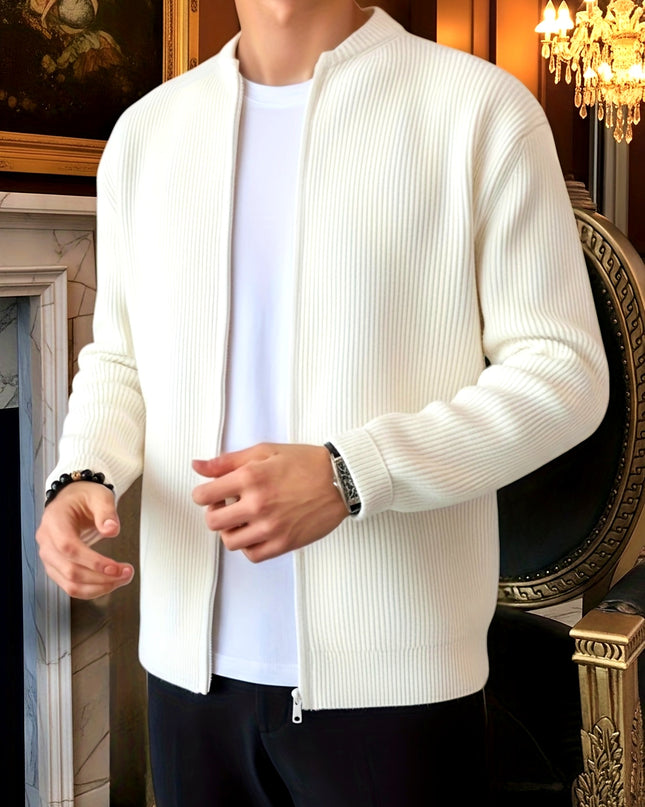 Men's Loose Fit Knit Cardigan - Casual Zip Ribbed Sweater