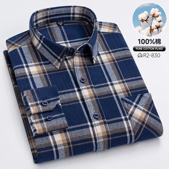 Men's Plaid Long Sleeve Shirt - 100% Cotton Oversized Leisure Fit