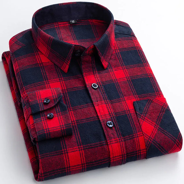 Men's Plaid Long Sleeve Shirt - 100% Cotton Oversized Leisure Fit