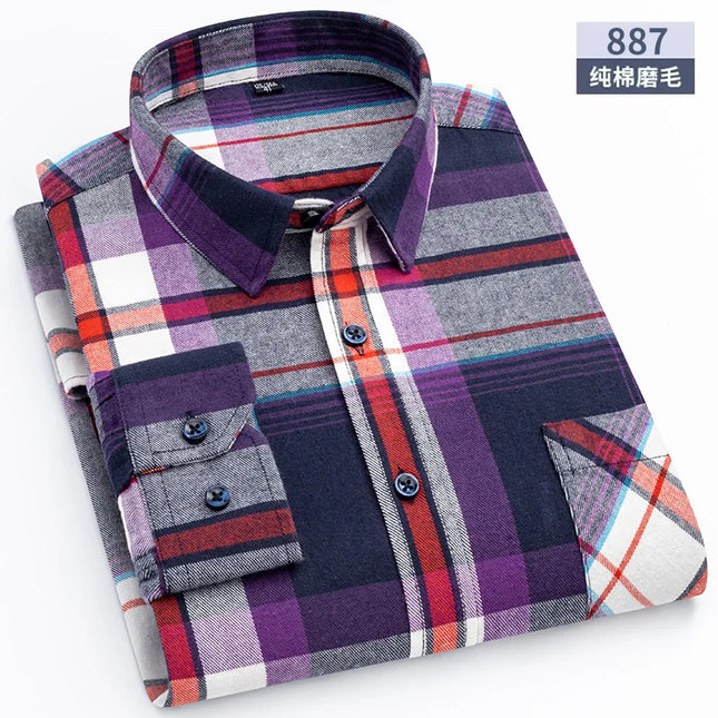 Men's Plaid Long Sleeve Shirt - 100% Cotton Oversized Leisure Fit