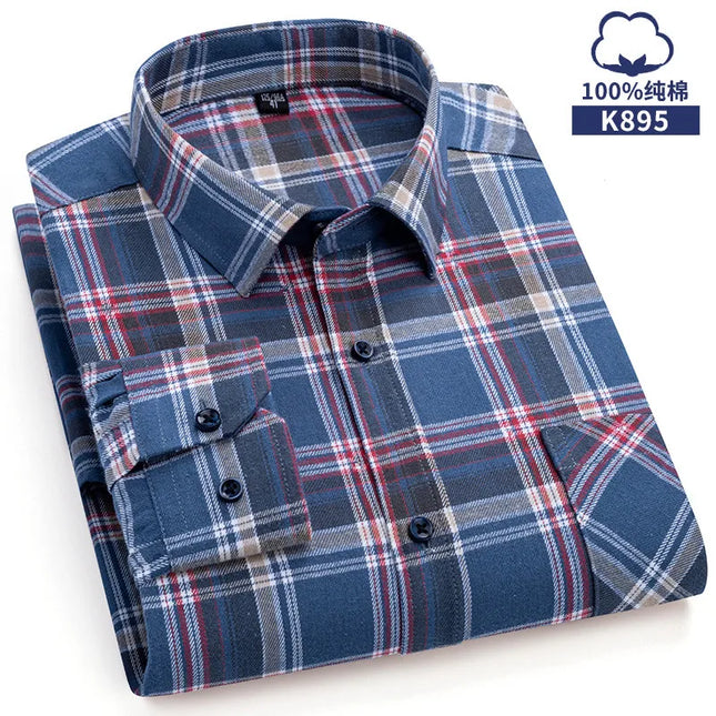 Men's Plaid Long Sleeve Shirt - 100% Cotton Oversized Leisure Fit