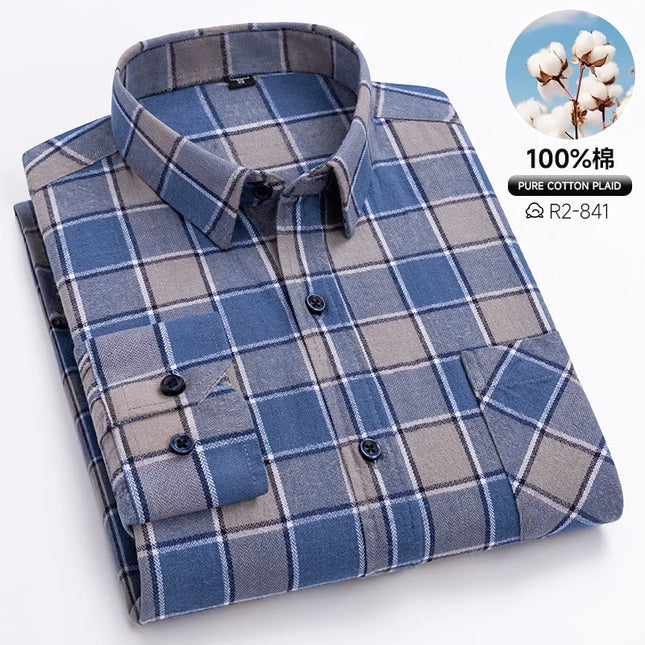 Men's Plaid Long Sleeve Shirt - 100% Cotton Oversized Leisure Fit
