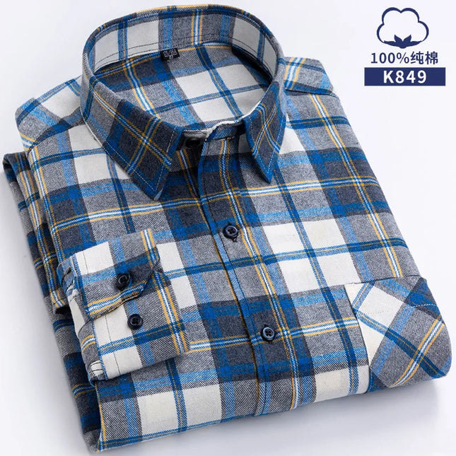Men's Plaid Long Sleeve Shirt - 100% Cotton Oversized Leisure Fit