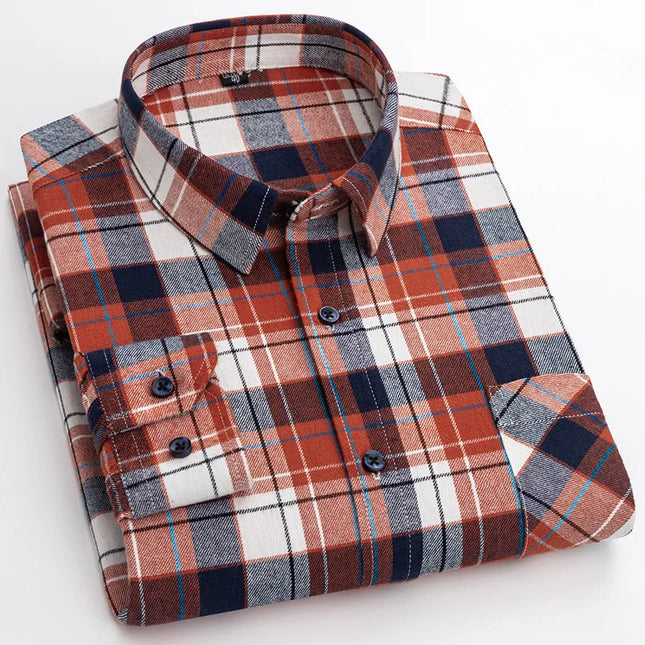 Men's Plaid Long Sleeve Shirt - 100% Cotton Oversized Leisure Fit