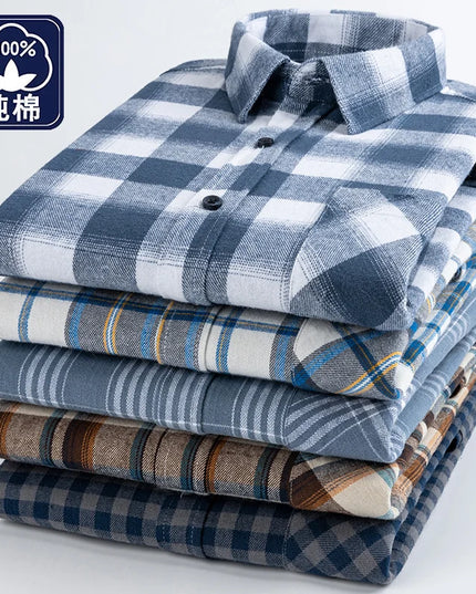 Men's Plaid Long Sleeve Shirt - 100% Cotton Oversized Leisure Fit