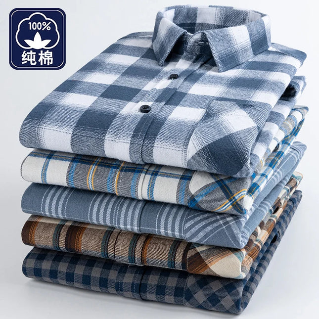 Men's Plaid Long Sleeve Shirt - 100% Cotton Oversized Leisure Fit