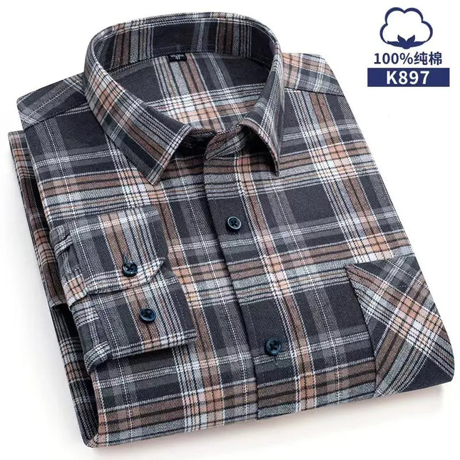 Men's Plaid Long Sleeve Shirt - 100% Cotton Oversized Leisure Fit