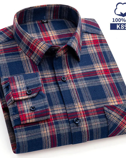 Men's Plaid Long Sleeve Shirt - 100% Cotton Oversized Leisure Fit