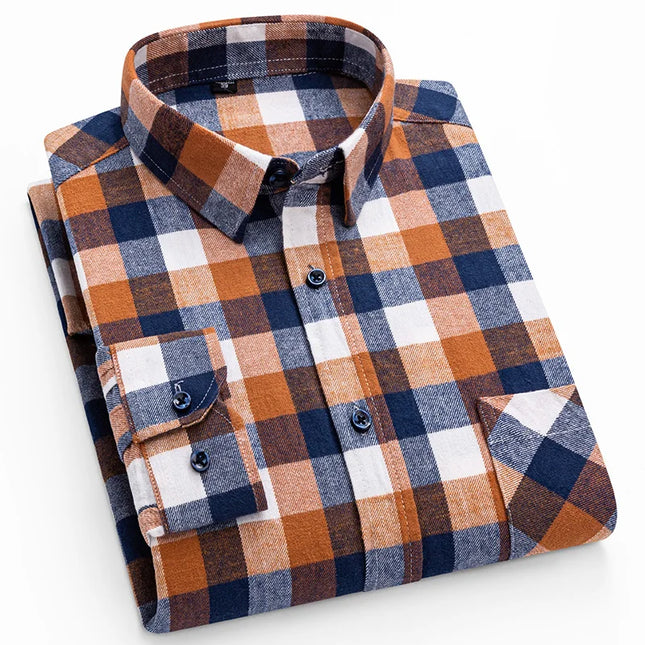 Men's Plaid Long Sleeve Shirt - 100% Cotton Oversized Leisure Fit