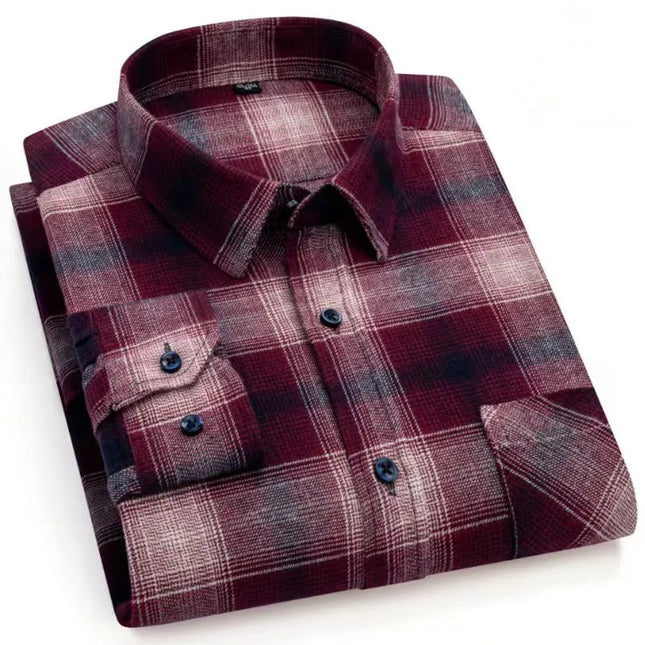 Men's Plaid Long Sleeve Shirt - 100% Cotton Oversized Leisure Fit