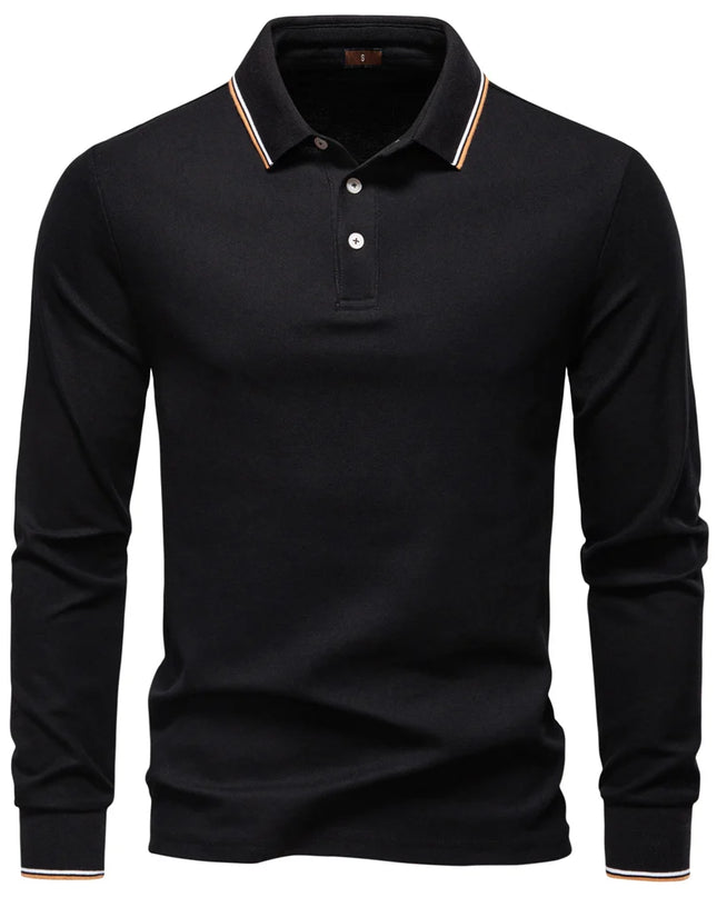 Men's Premium Henley Neck Polo Shirt - Solid Cotton Long Sleeve