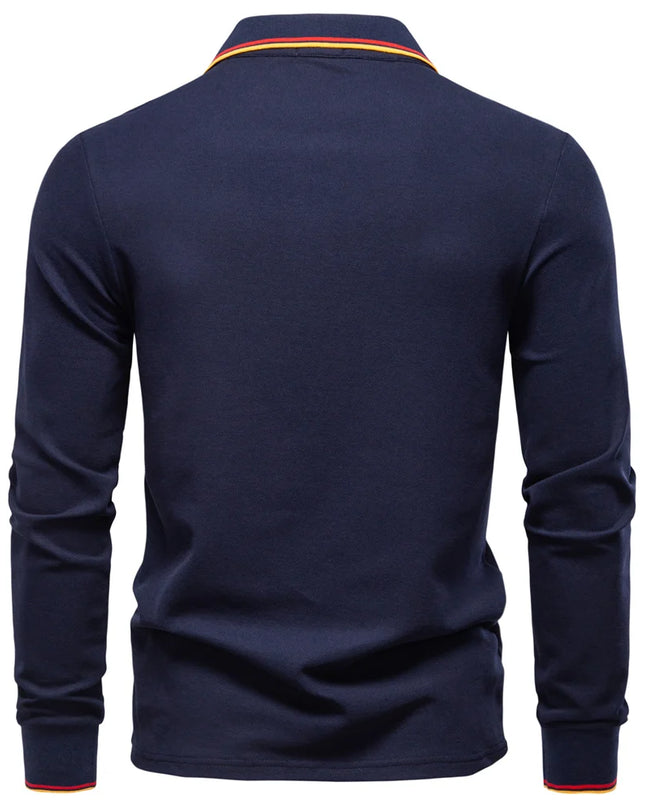 Men's Premium Henley Neck Polo Shirt - Solid Cotton Long Sleeve