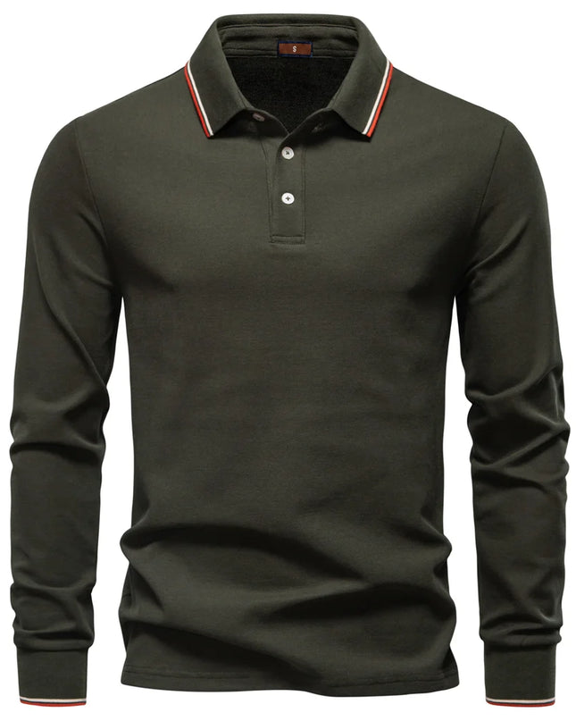 Men's Premium Henley Neck Polo Shirt - Solid Cotton Long Sleeve
