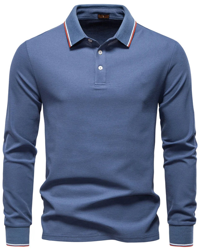 Men's Premium Henley Neck Polo Shirt - Solid Cotton Long Sleeve