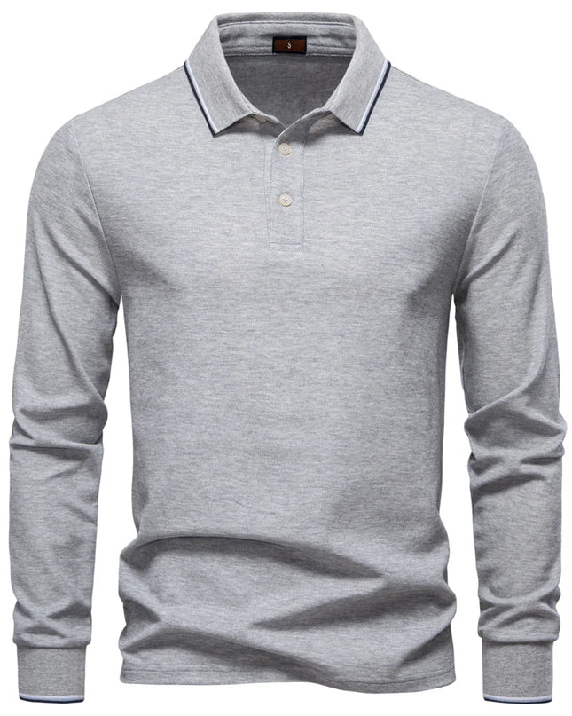 Men's Premium Henley Neck Polo Shirt - Solid Cotton Long Sleeve