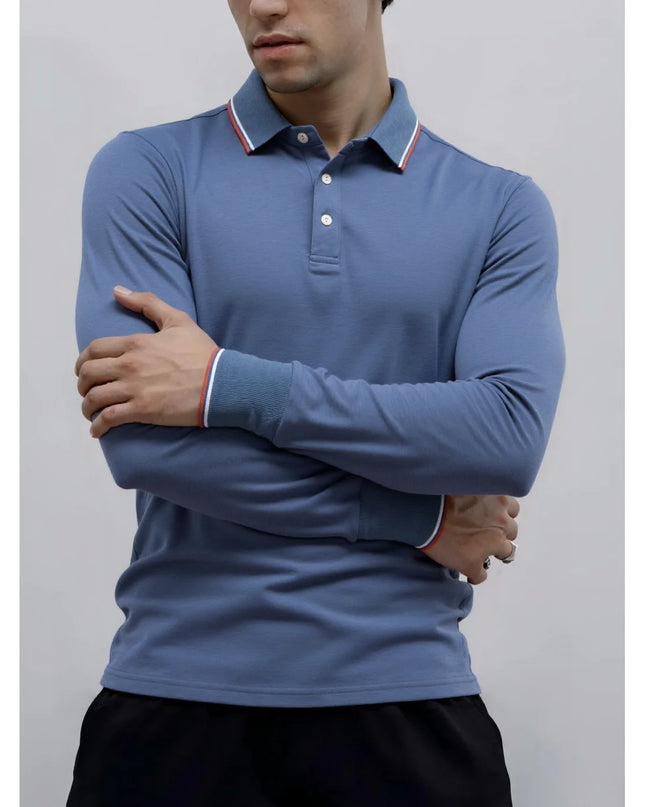 Men's Premium Henley Neck Polo Shirt - Solid Cotton Long Sleeve