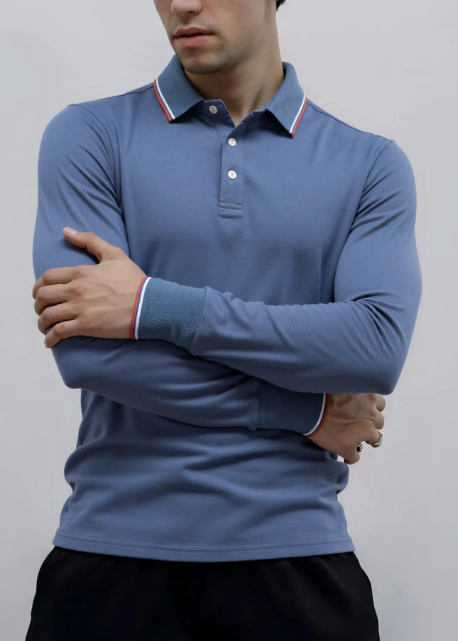 Men's Premium Henley Neck Polo Shirt - Solid Cotton Long Sleeve