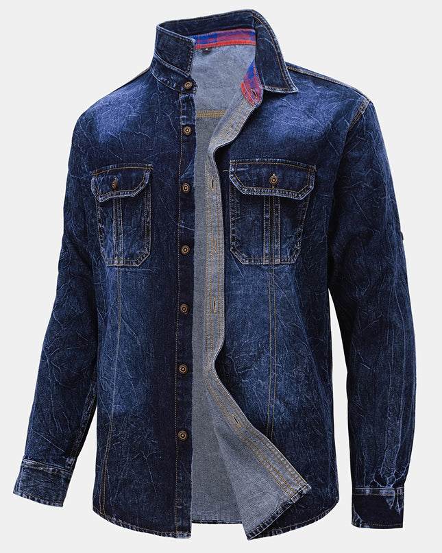 Men's Retro Denim Jacket - Unique Lapel Design, Hand-Washed