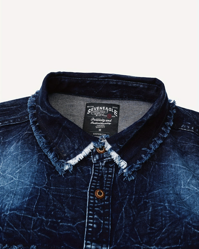 Men's Retro Denim Shirt - Long Sleeve Lapel Collar Top