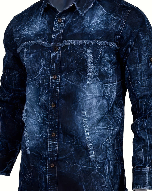 Men's Retro Denim Shirt - Long Sleeve Lapel Collar Top