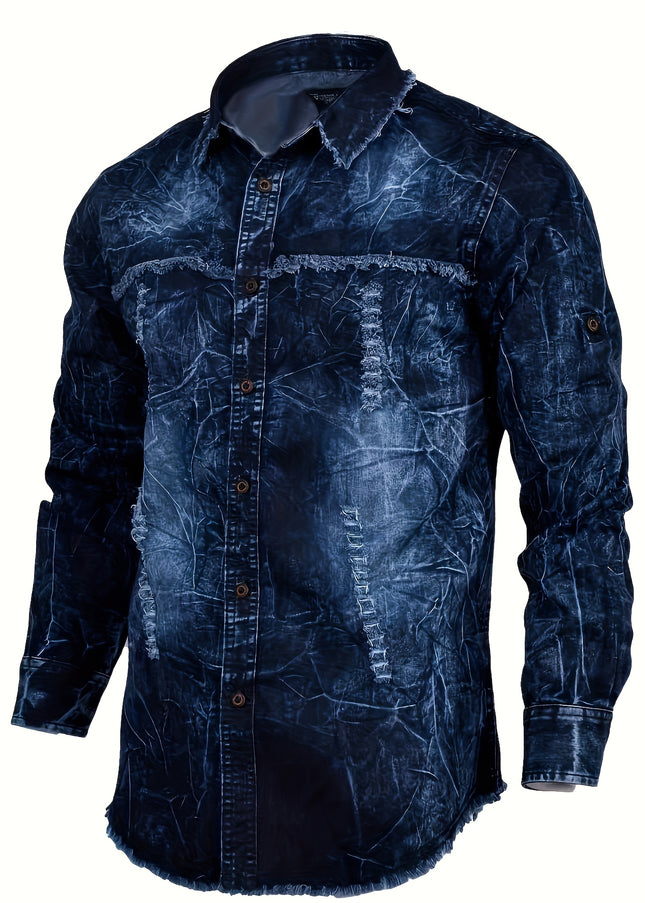 Men's Retro Denim Shirt - Long Sleeve Lapel Collar Top