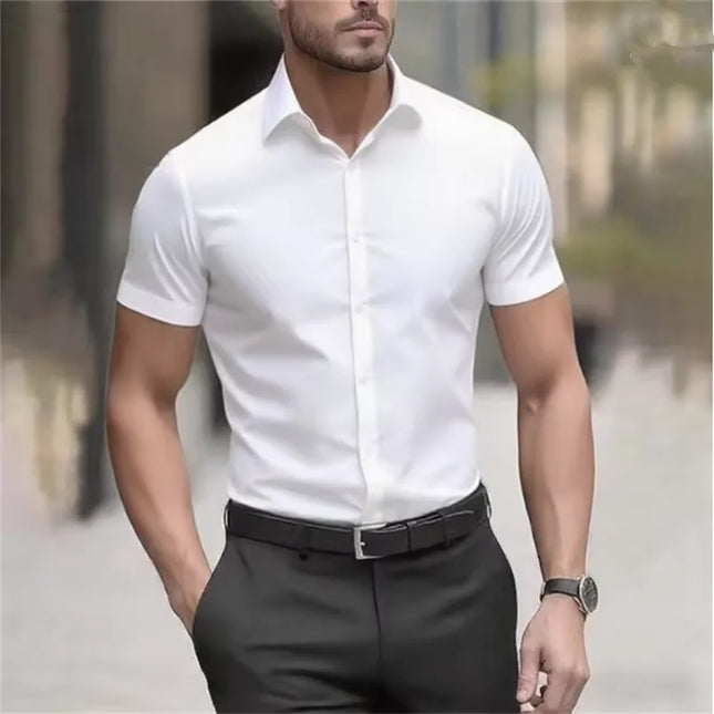 Men's Slim Fit Black Summer Shirt - Short Sleeve Stretch Fabric