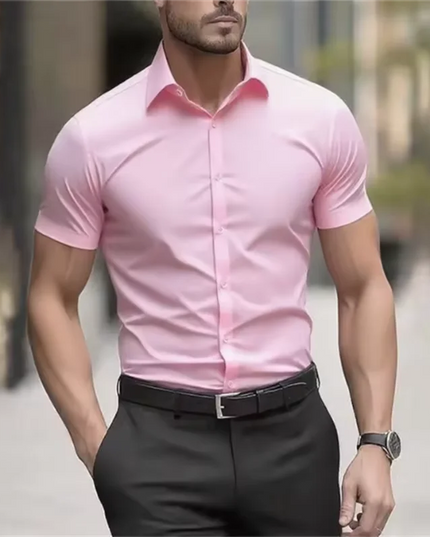 Men's Slim Fit Black Summer Shirt - Short Sleeve Stretch Fabric