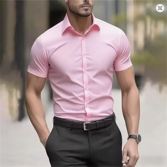 Men's Slim Fit Black Summer Shirt - Short Sleeve Stretch Fabric