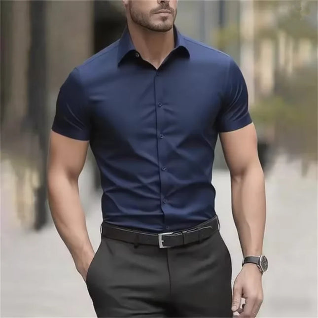 Men's Slim Fit Black Summer Shirt - Short Sleeve Stretch Fabric