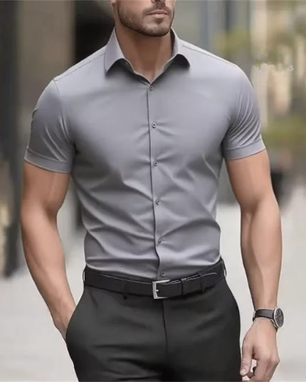 Men's Slim Fit Black Summer Shirt - Short Sleeve Stretch Fabric
