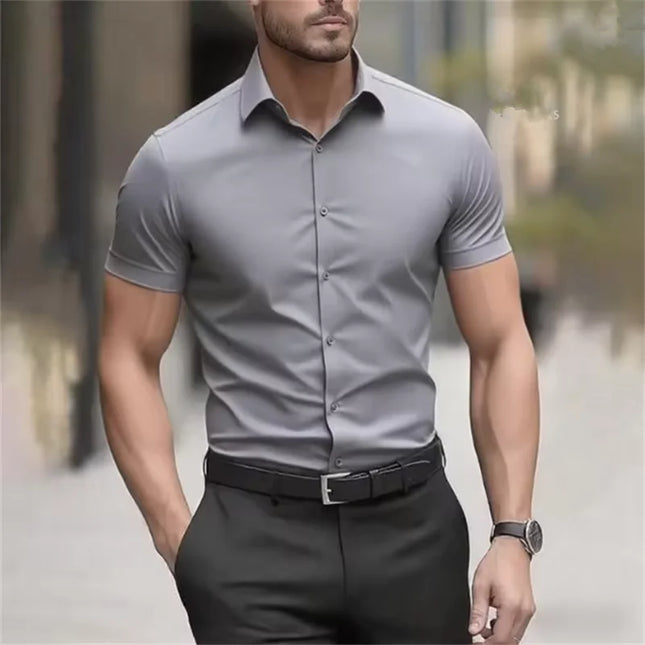 Men's Slim Fit Black Summer Shirt - Short Sleeve Stretch Fabric