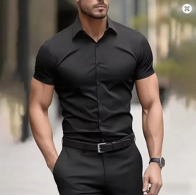 Men's Slim Fit Black Summer Shirt - Short Sleeve Stretch Fabric