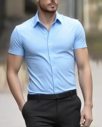 Men's Slim Fit Black Summer Shirt - Short Sleeve Stretch Fabric