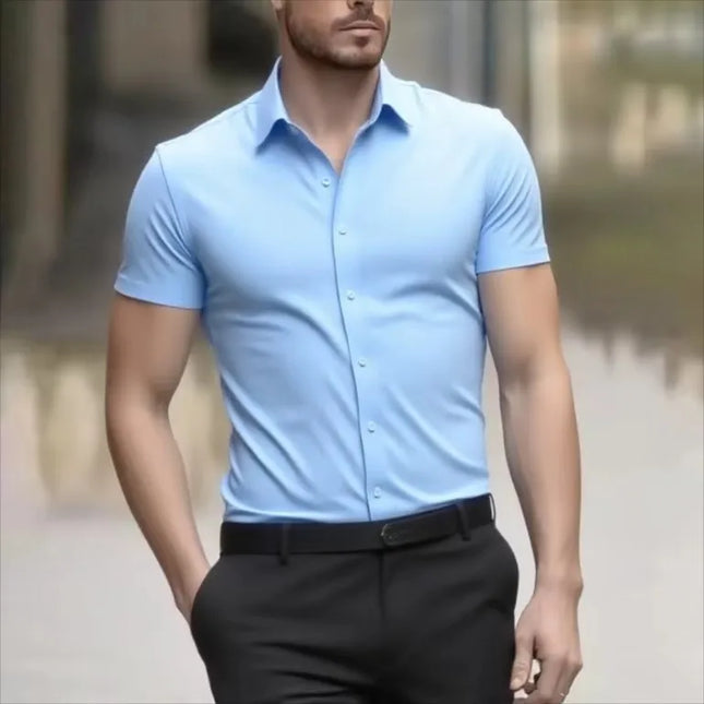 Men's Slim Fit Black Summer Shirt - Short Sleeve Stretch Fabric