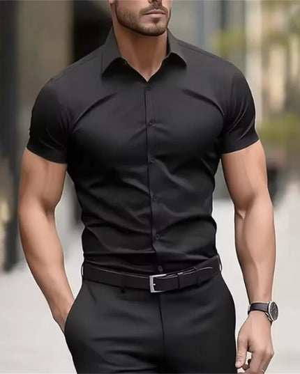 Men's Slim Fit Black Summer Shirt - Short Sleeve Stretch Fabric