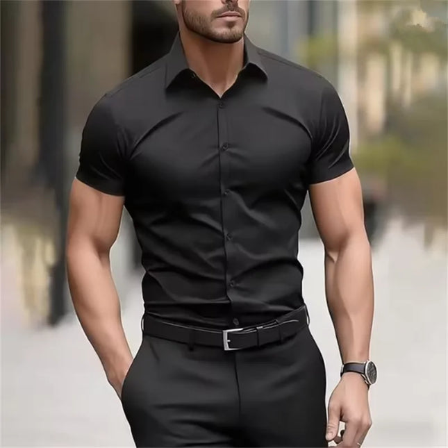Men's Slim Fit Black Summer Shirt - Short Sleeve Stretch Fabric