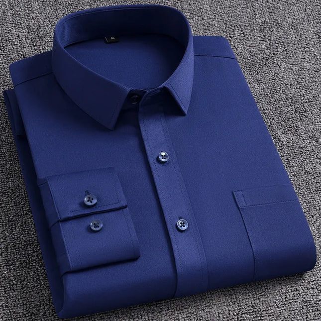 Men's Slim Fit Long Sleeve Autumn Shirt - Anti-Wrinkle, Solid Colors
