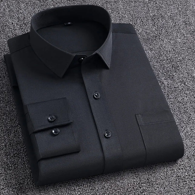 Men's Slim Fit Long Sleeve Autumn Shirt - Anti-Wrinkle, Solid Colors