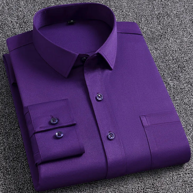 Men's Slim Fit Long Sleeve Autumn Shirt - Anti-Wrinkle, Solid Colors