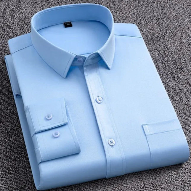 Men's Slim Fit Long Sleeve Autumn Shirt - Anti-Wrinkle, Solid Colors