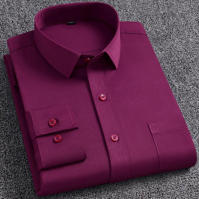 Men's Slim Fit Long Sleeve Autumn Shirt - Anti-Wrinkle, Solid Colors