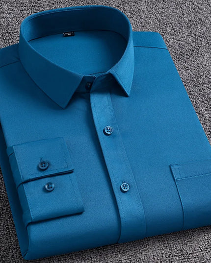 Men's Slim Fit Long Sleeve Autumn Shirt - Anti-Wrinkle, Solid Colors